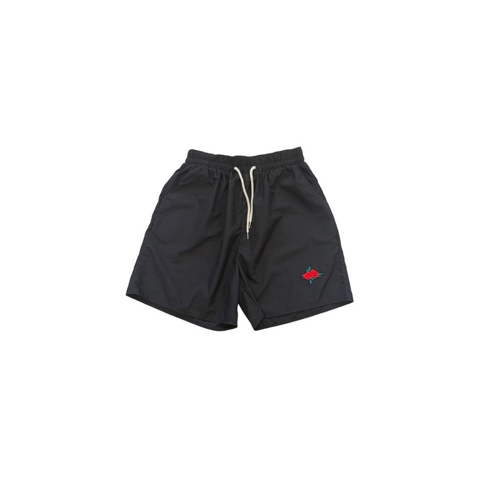 Romwe Shorts Black Drawstring Polyester Embroidered Rose Patch Large